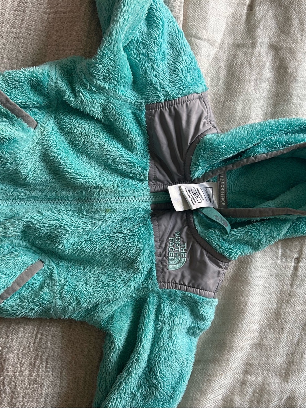 The North Face Kids Teal Fuzzy Hooded Jacket with Gray Accents